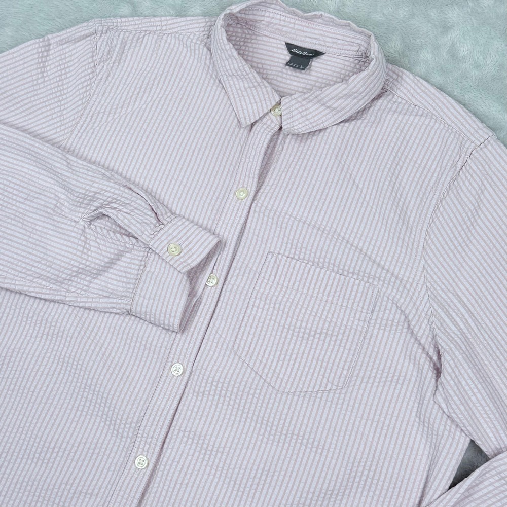 Eddie Bauer Seersucker Button Down Shirt Women Large Pink Striped Long Sleeve